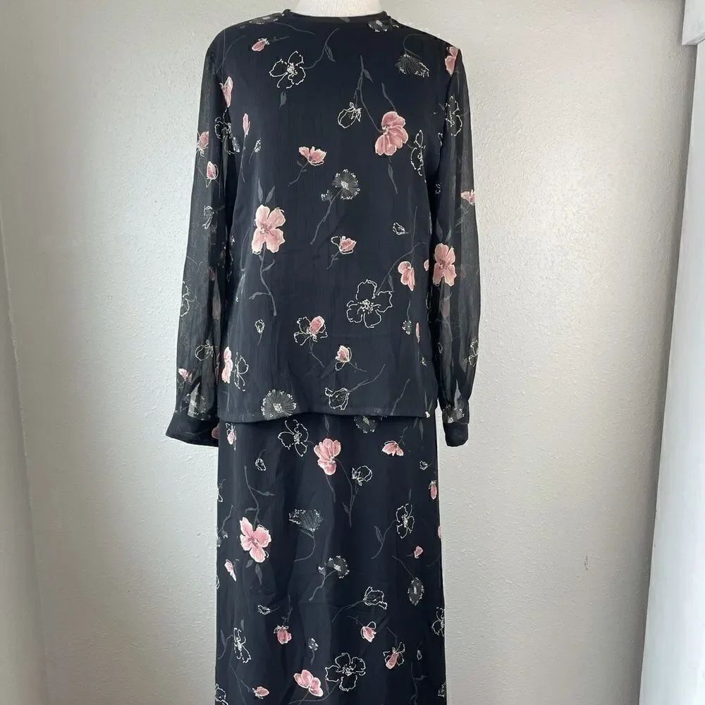 Pendleton Matching Black Floral Blouse & Skirt EUC
